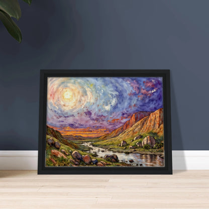 Luminous swirling sky above a rugged canyon valley with winding river, glowing cliffs, and vibrant twilight tones in a dramatic landscape.