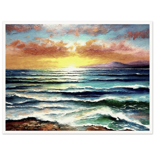 A serene view of ocean waves at sunset with a golden sky, vibrant clouds, and mountains in the distance.