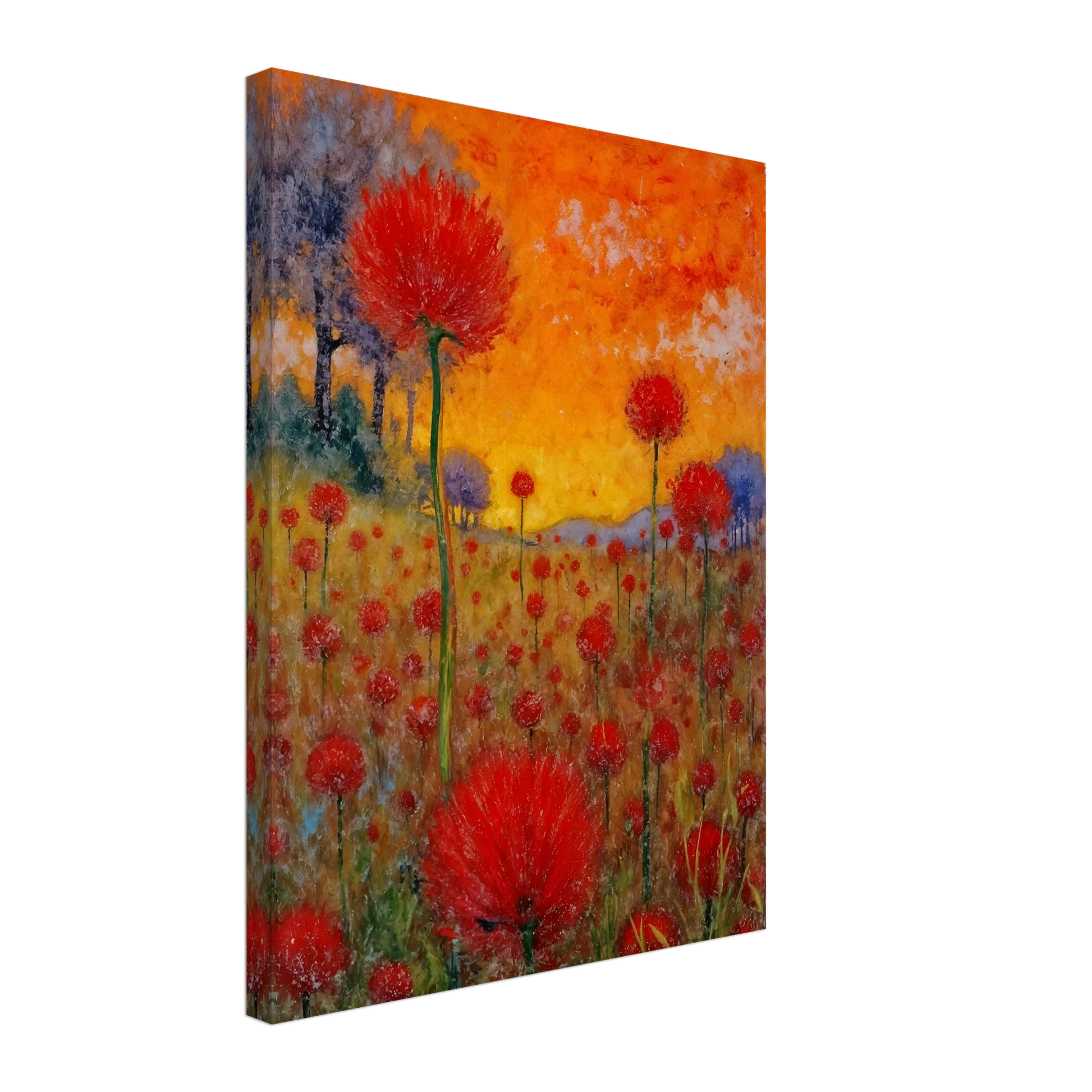 A radiant field of red blossoms under a glowing orange sky, blending vibrant warmth with a dreamy sense of renewal.