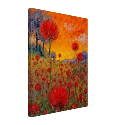 A radiant field of red blossoms under a glowing orange sky, blending vibrant warmth with a dreamy sense of renewal.