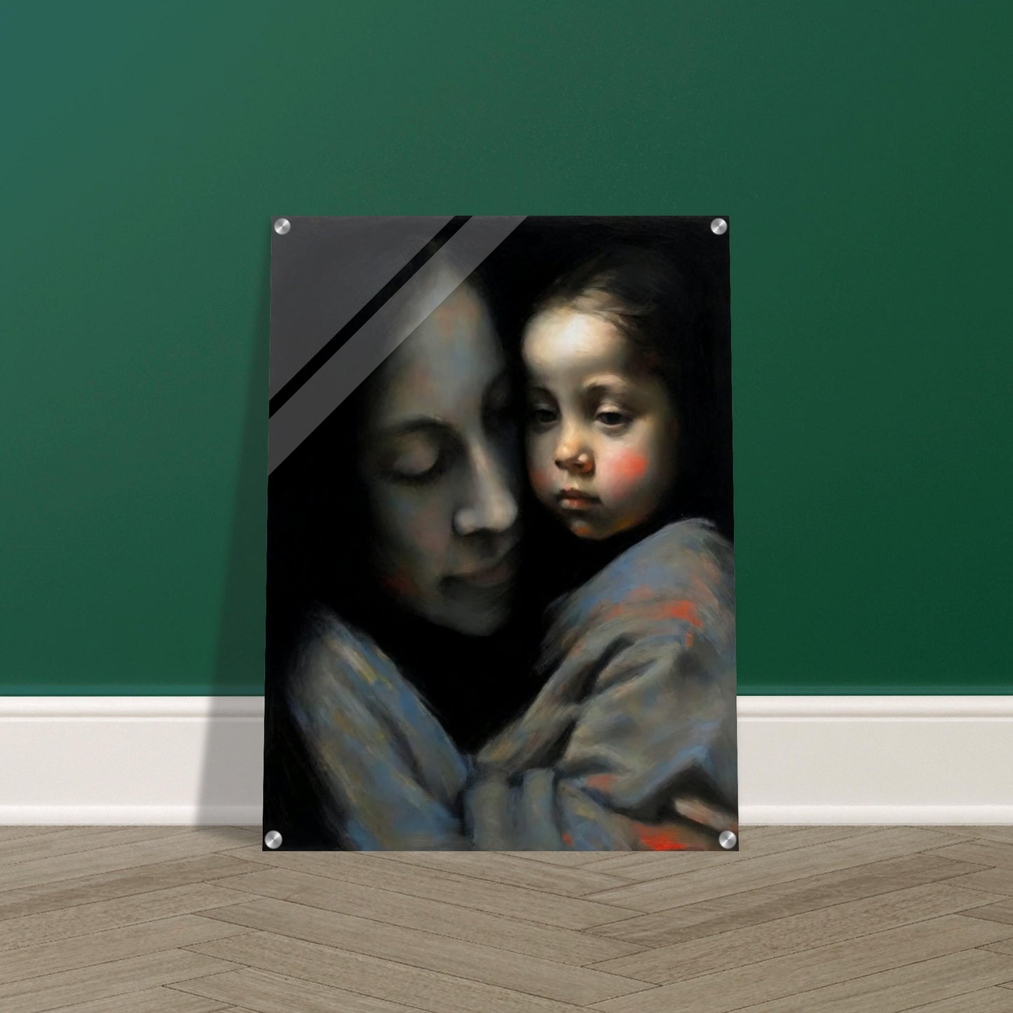 An evocative painting of a mother tenderly holding her child, both faces expressing deep affection and serenity.