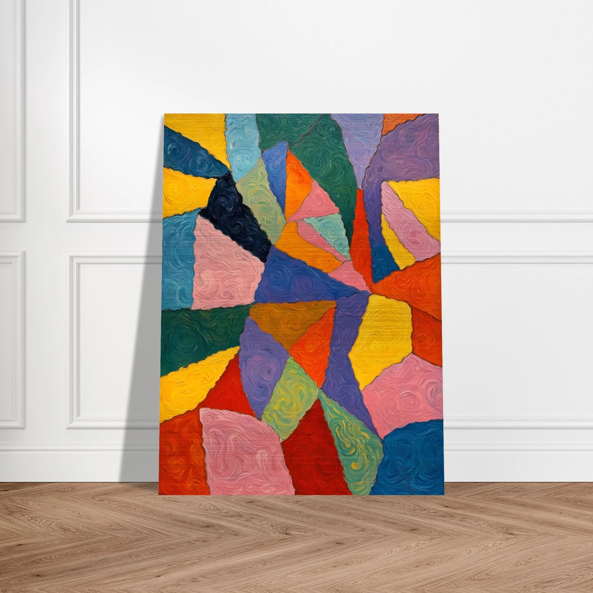 Vivid oil painting with swirling, colorful shapes in bold primary hues forming an intricate geometric mosaic.