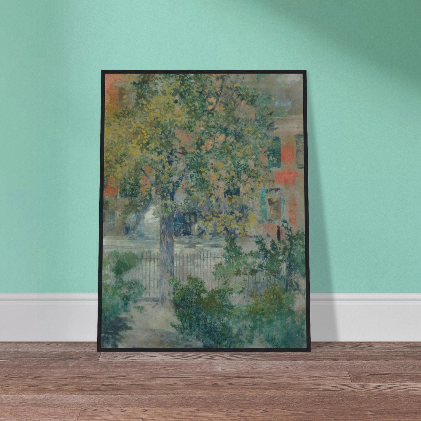 A leafy tree fills a quiet Grove Street view, with an iron fence and pastel buildings beyond.
