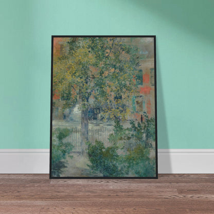 A leafy tree fills a quiet Grove Street view, with an iron fence and pastel buildings beyond.