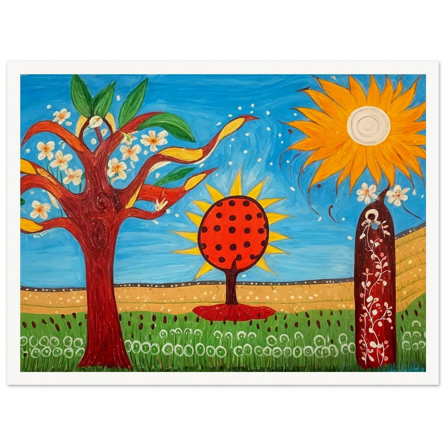 A whimsical, colorful landscape painting featuring blossoming trees, a bright orange tree with black dots, a large radiant sun, and a figure standing amidst flowers, evoking joy and fantasy.