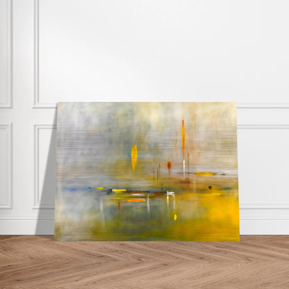 Ethereal waterscape with soft mist, luminous gold reflections, and delicate vertical lights drifting across a tranquil horizon.