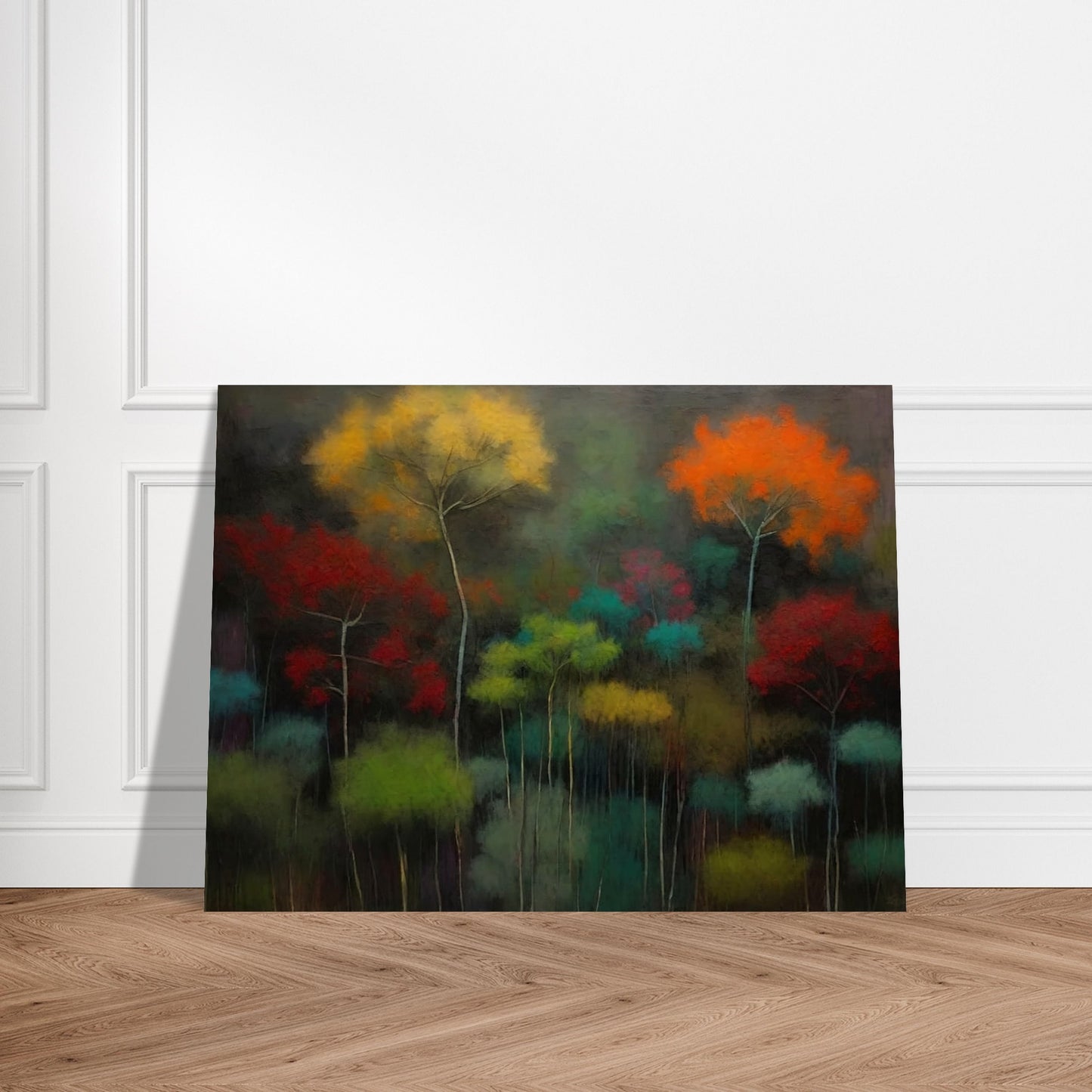 A mystical painting depicting a forest with trees in vibrant colors. The foliage is painted in shades of yellow, orange, red, green, and teal, against a dark and moody background, creating a surreal and dreamlike atmosphere.