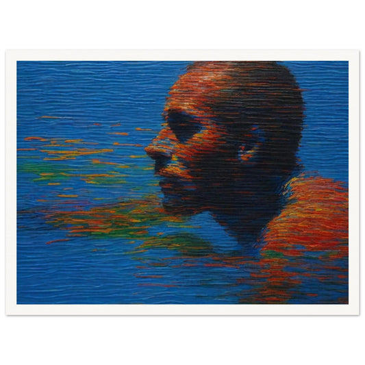 A striking painting of a person swimming in water, with vibrant reflections of colors on the surface, creating a sense of movement and depth.