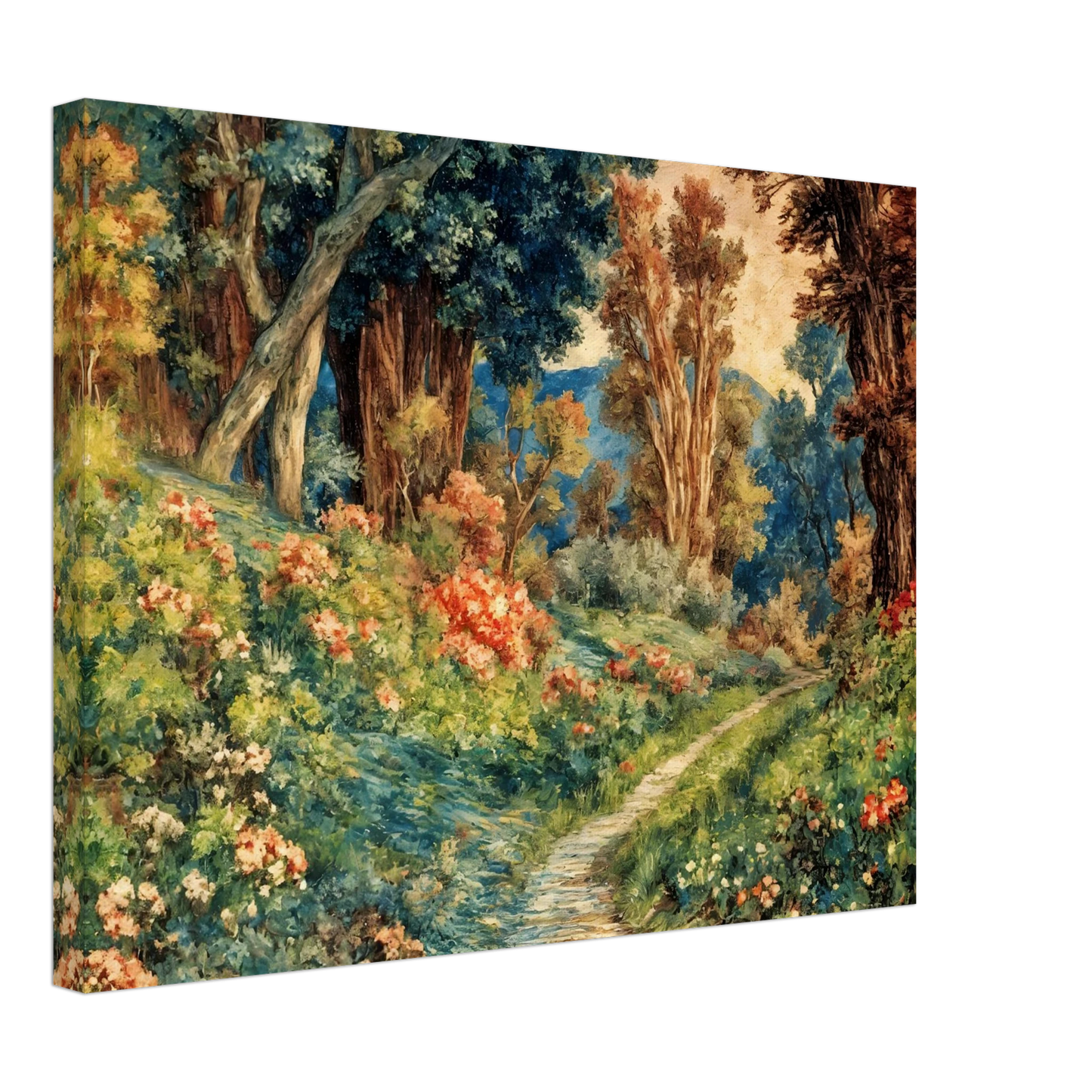 Lush flowering woodland path winding through vibrant trees, soft blossoms, and sunlit greenery in a richly detailed pastoral garden scene.