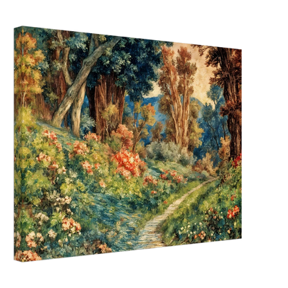 Lush flowering woodland path winding through vibrant trees, soft blossoms, and sunlit greenery in a richly detailed pastoral garden scene.