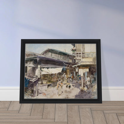 A lively Japanese street scene with shops, lantern, people, and chickens in soft watercolor.