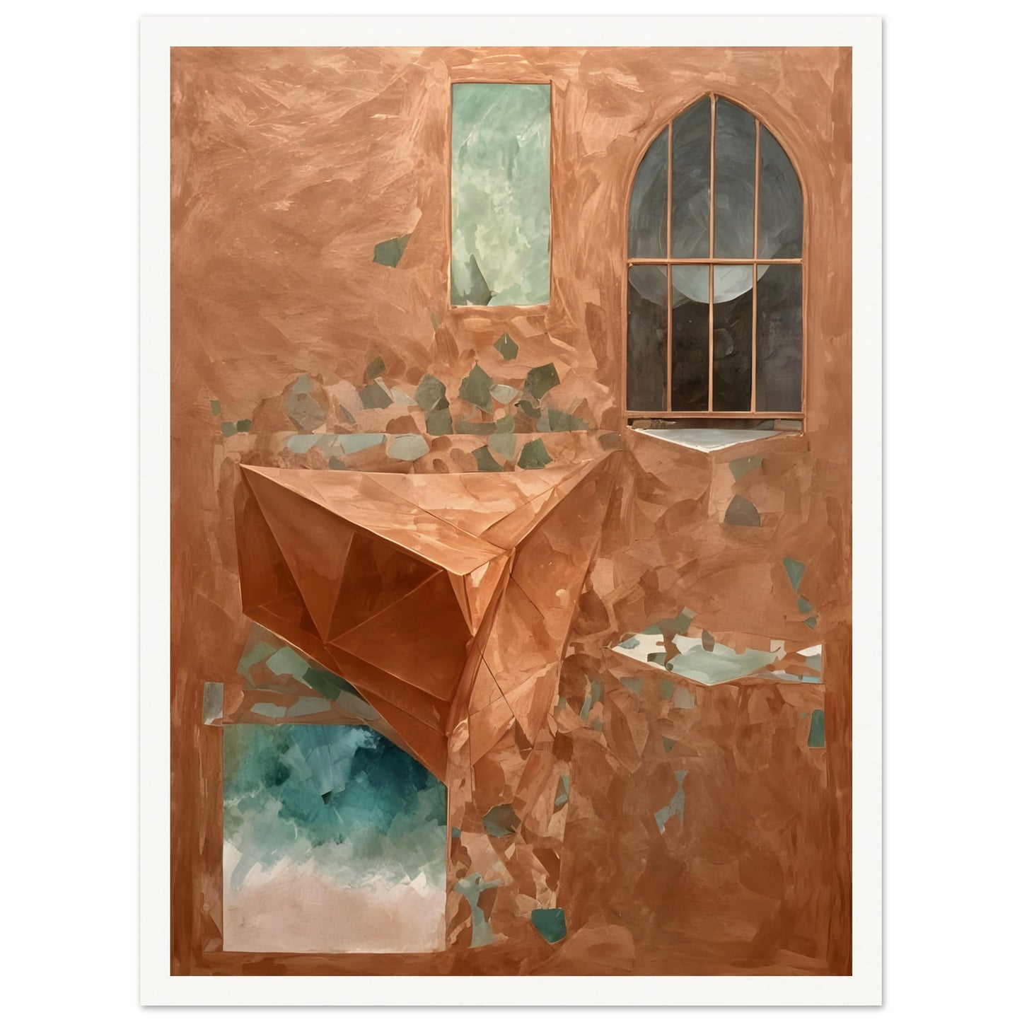 A surreal architectural scene with geometric shapes, fractured walls, and mysterious windows, blending warm earthy tones with cool reflections of sky and water.