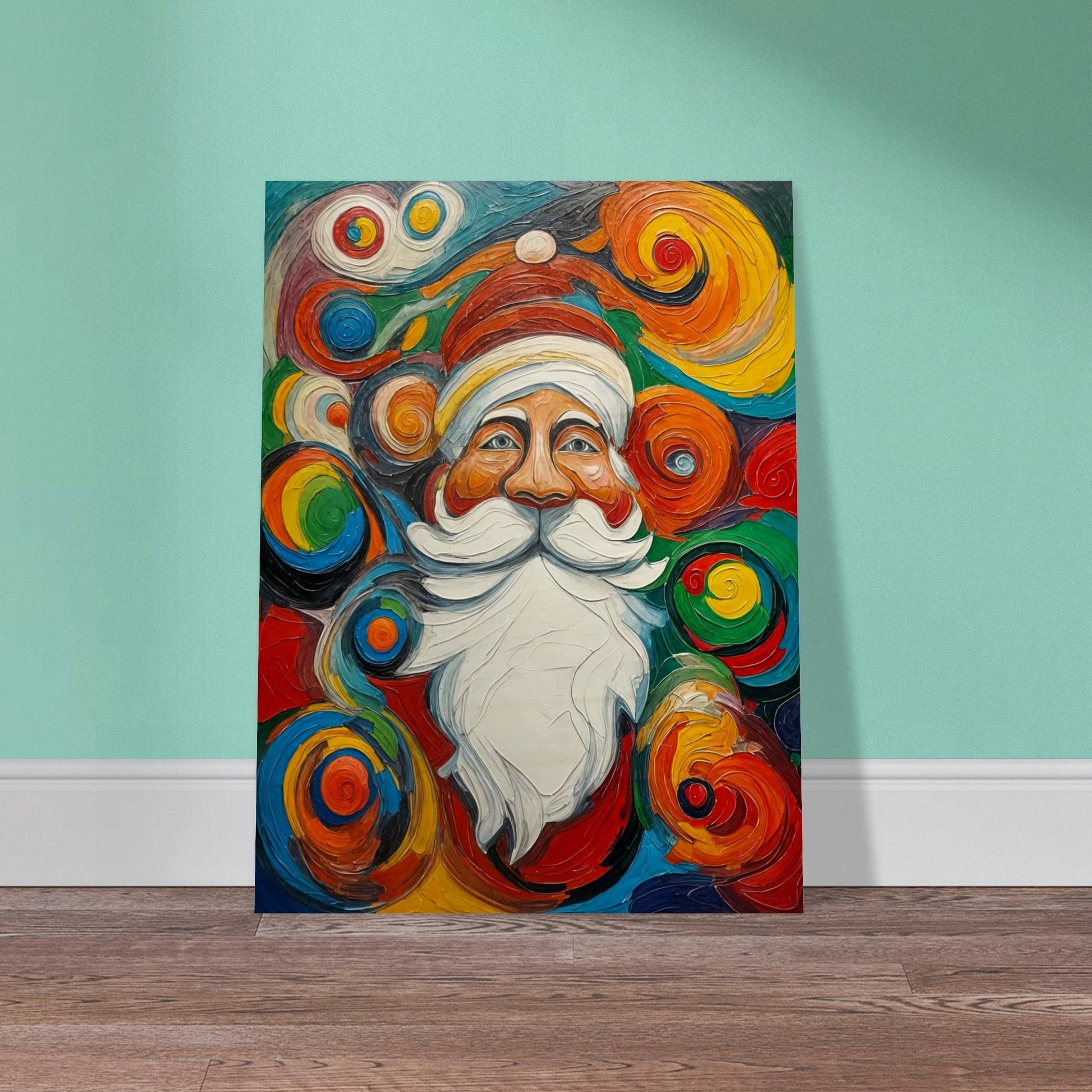 A vibrant and whimsical painting of Santa Claus surrounded by colorful swirling patterns, evoking a cheerful holiday spirit.