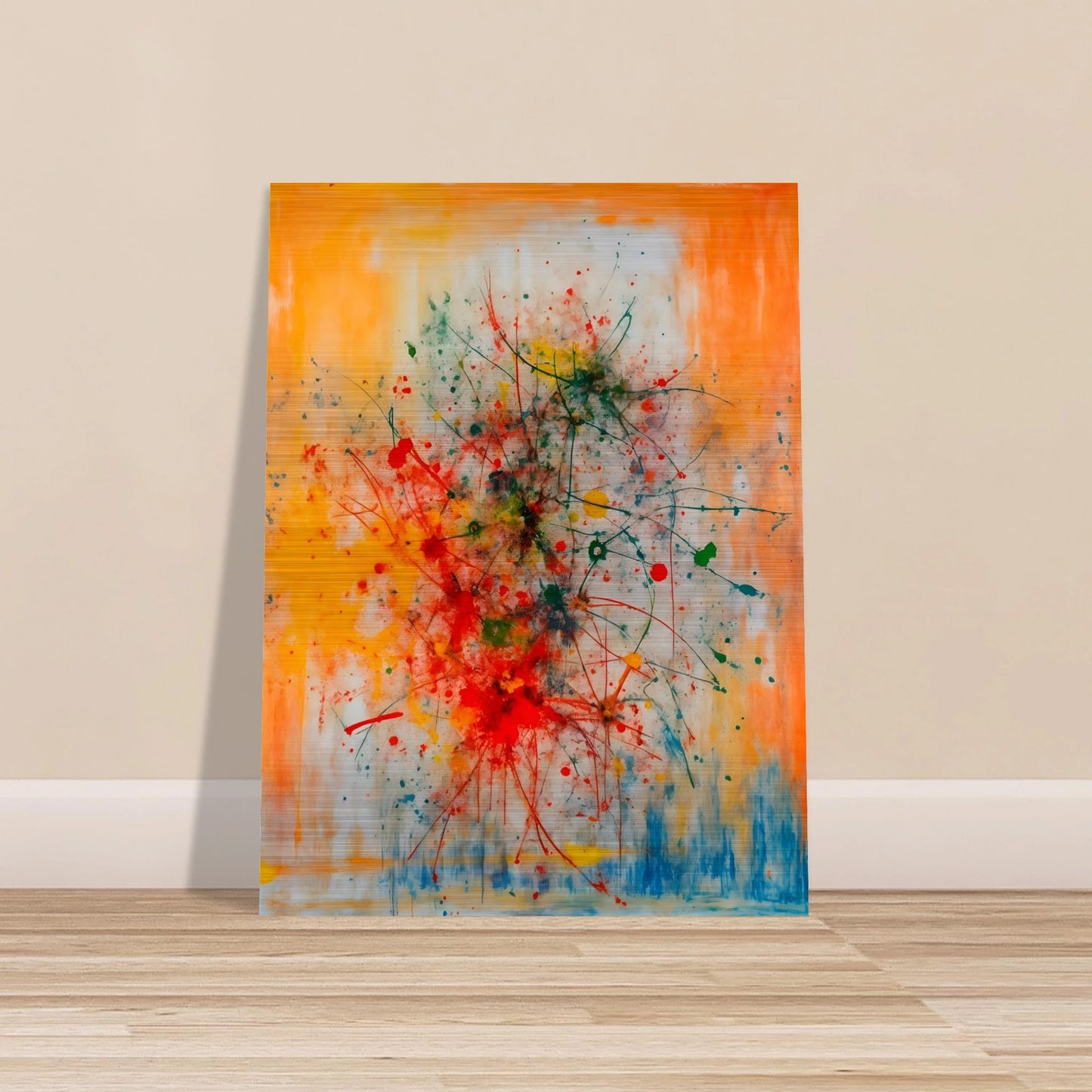 Vivid splashes of red, yellow, blue, and green burst across an orange canvas, evoking movement, chaos, and creative energy.