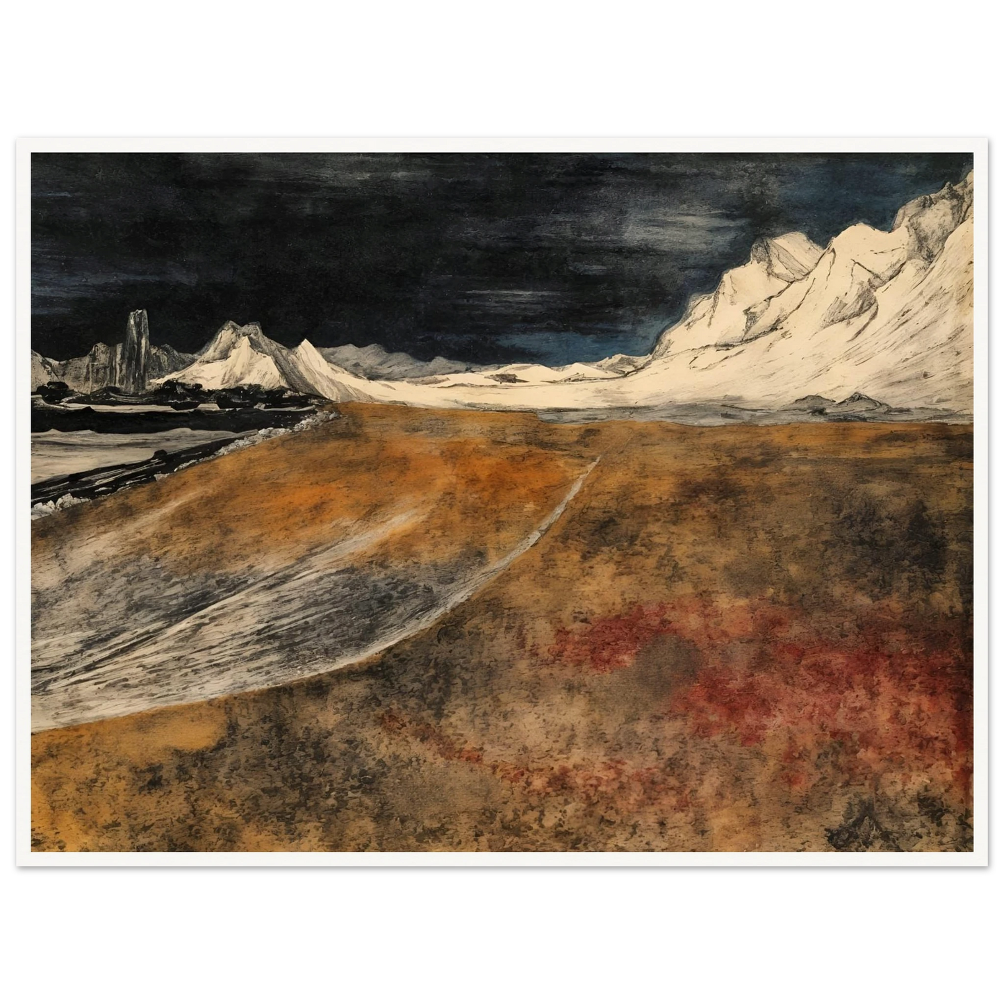 A dramatic landscape of snow-covered mountains under a dark sky, overlooking a vast brown tundra plain with icy ridges and distant peaks.