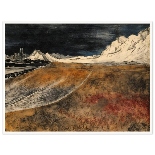 A dramatic landscape of snow-covered mountains under a dark sky, overlooking a vast brown tundra plain with icy ridges and distant peaks.