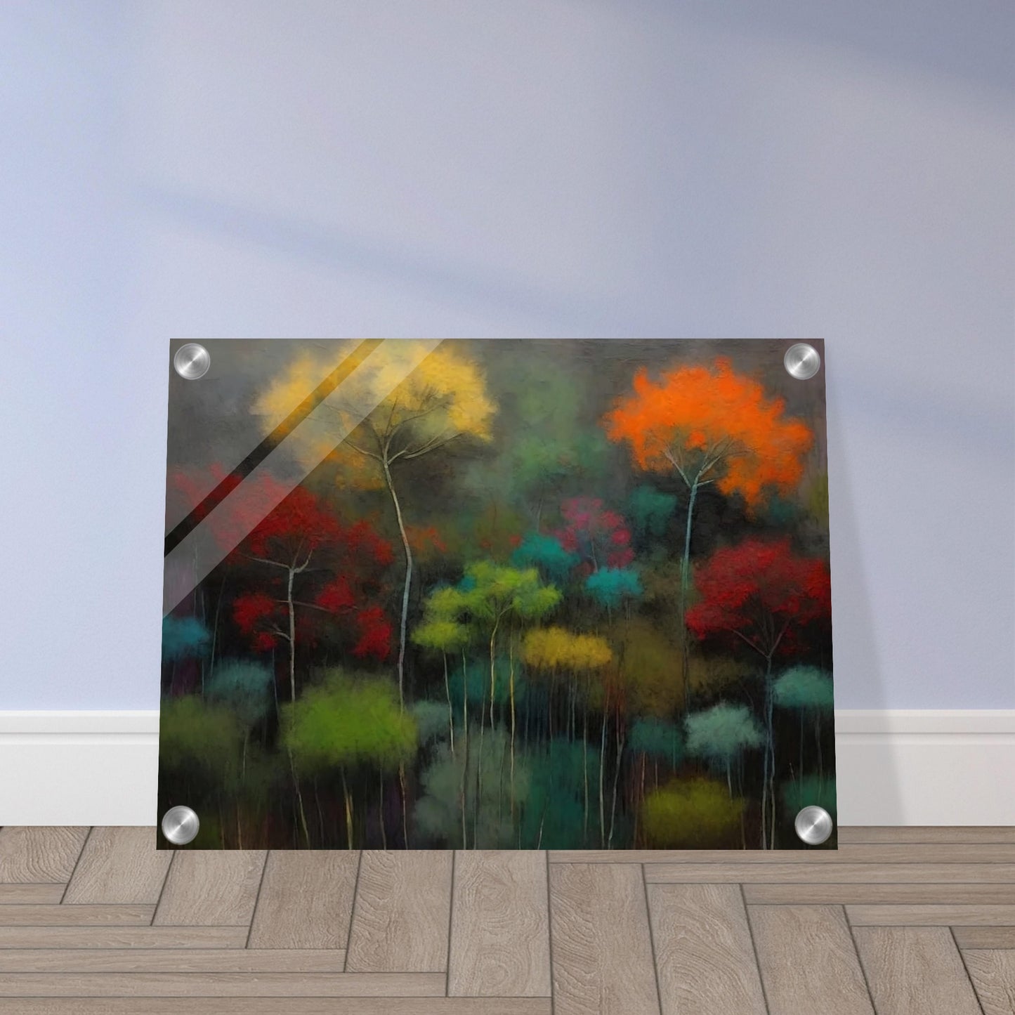 A mystical painting depicting a forest with trees in vibrant colors. The foliage is painted in shades of yellow, orange, red, green, and teal, against a dark and moody background, creating a surreal and dreamlike atmosphere.