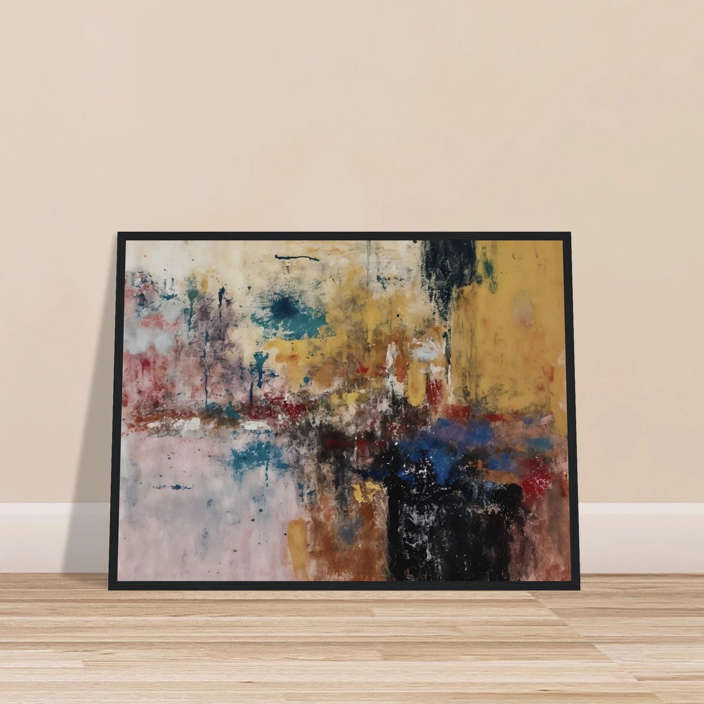 Layered ochre, teal, black, and red marks create a weathered textured composition.