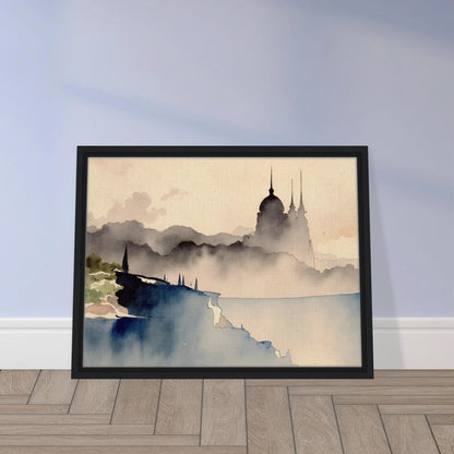 Dreamlike palace silhouette rising from misty hills and cliffs, with watercolor tones evoking mystery and distant lands.