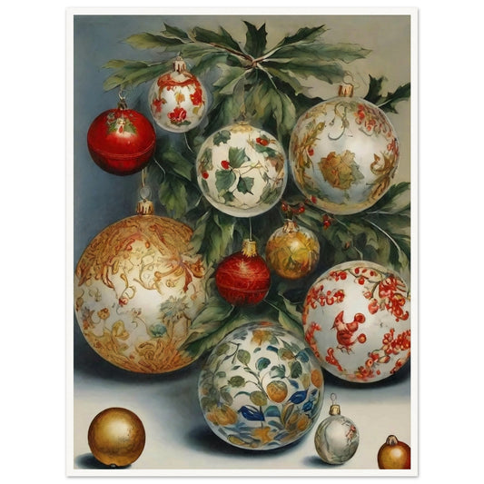 A collection of intricately designed Christmas ornaments in red, gold, and white, adorned with holly and floral patterns, hanging from green branches in an elegant holiday display.