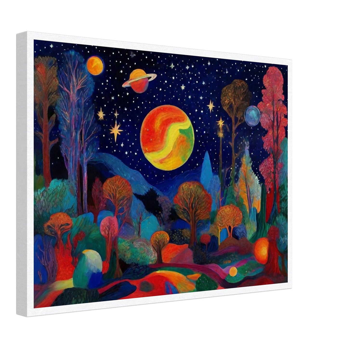 A vibrant landscape featuring trees and planets under a starry sky, with bold, bright colors creating a surreal cosmic scene.