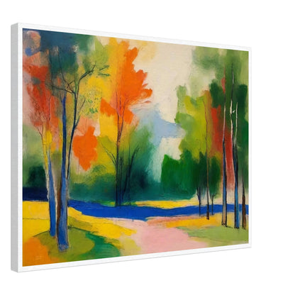 A colorful abstract painting of an autumn landscape, featuring vibrant orange, yellow, green, and blue hues. Trees with slender trunks are scattered throughout the scene, and a winding path leads through the colorful foliage.