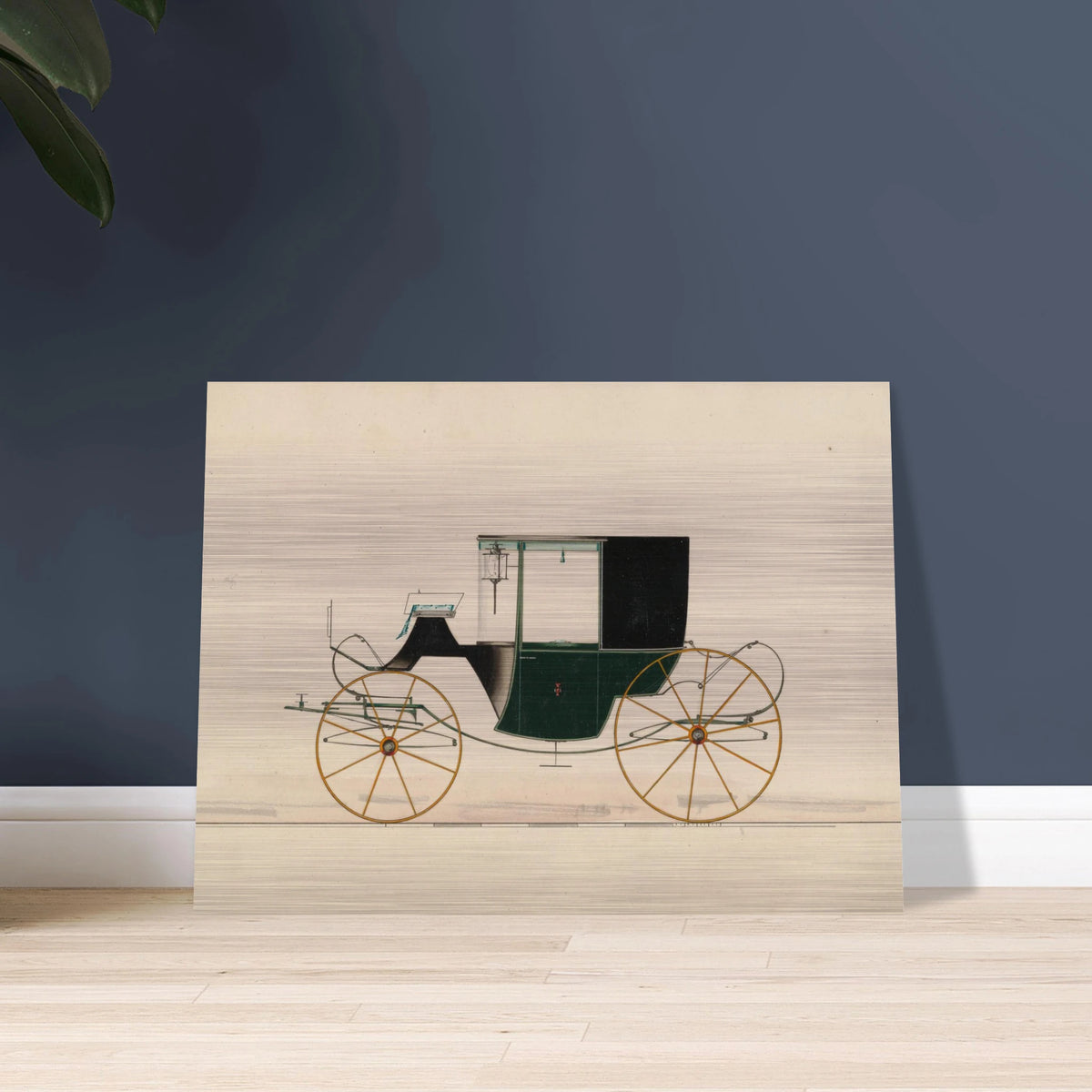 A green and black brougham carriage with yellow wheels is shown in side profile on a pale ground.