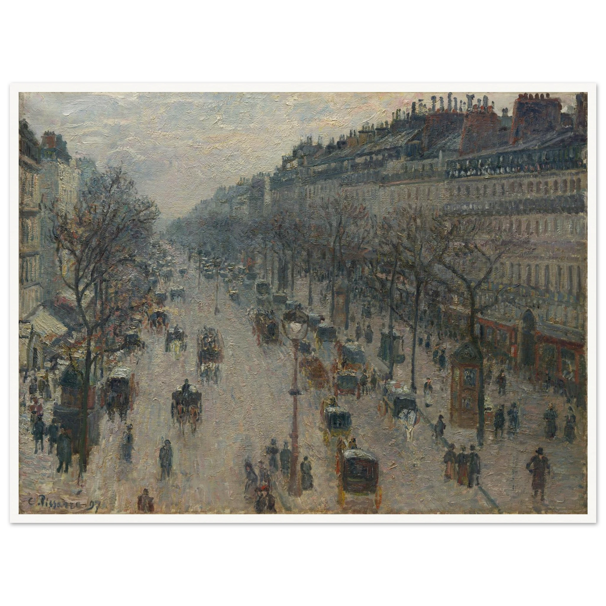A busy Paris boulevard with carriages, figures, bare trees, and gray winter light.