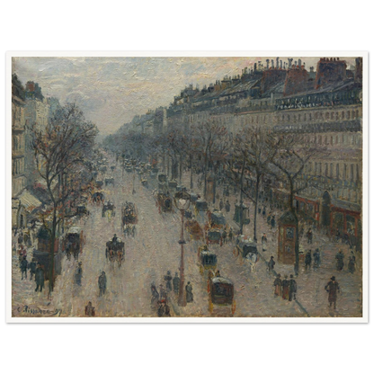 A busy Paris boulevard with carriages, figures, bare trees, and gray winter light.