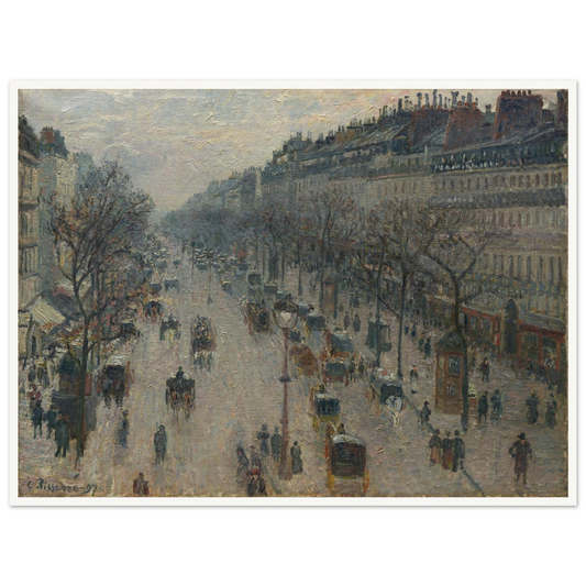 A busy Paris boulevard with carriages, figures, bare trees, and gray winter light.