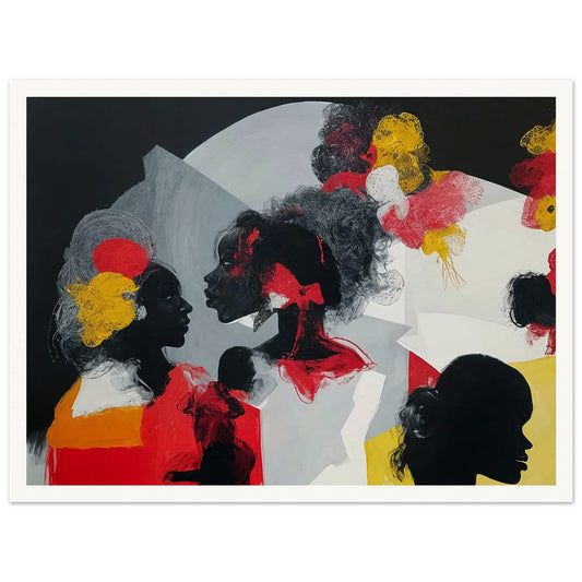 An expressive painting featuring silhouetted profiles of women with colorful abstract accents against a dark background.