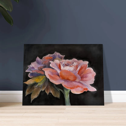 Two delicate watercolor roses with soft pink, purple, and peach tones bloom vividly against a dark background.