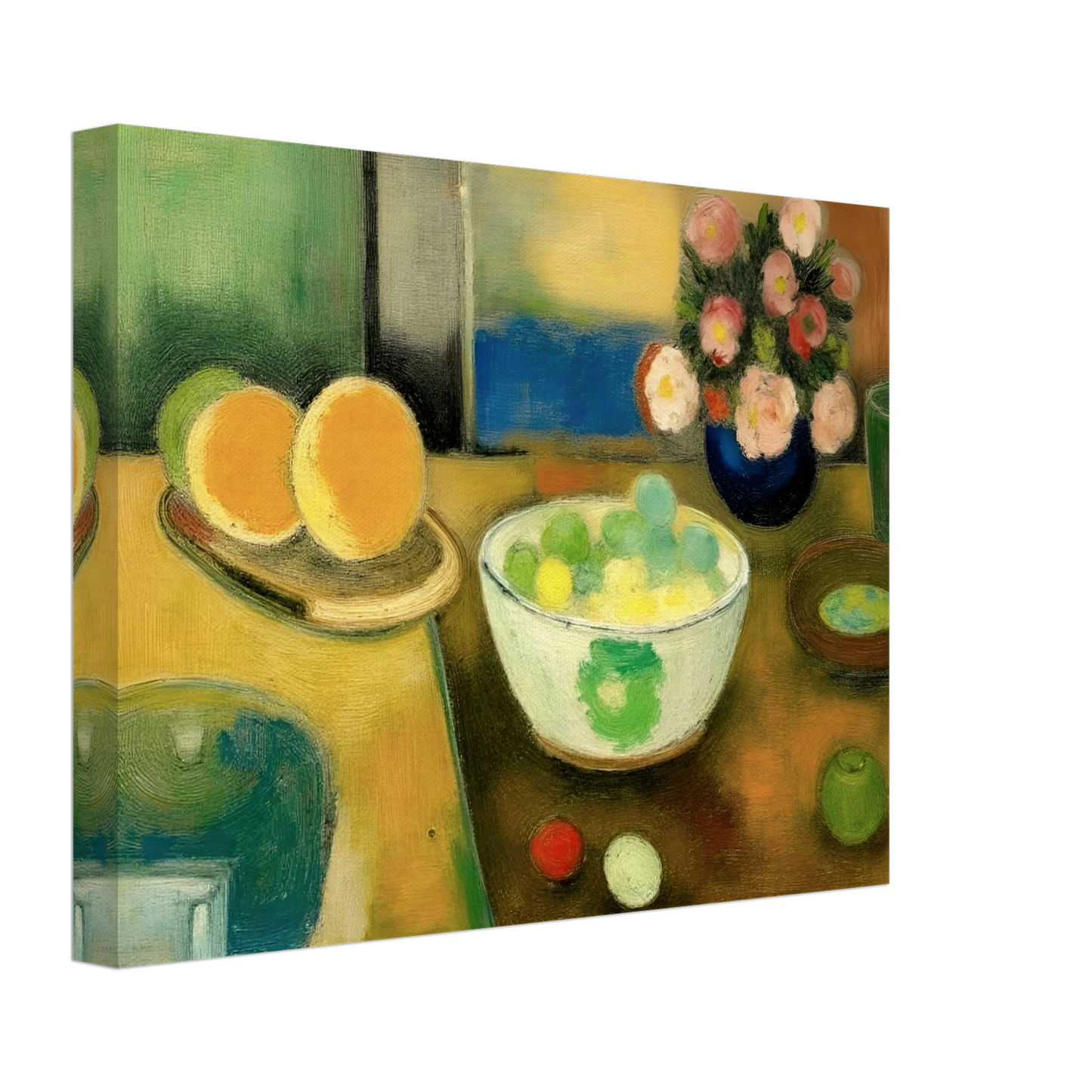 Golden citrus, pastel fruit, and fresh blooms rest on a sunlit table, creating a warm scene of everyday abundance.