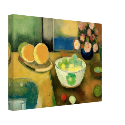 Golden citrus, pastel fruit, and fresh blooms rest on a sunlit table, creating a warm scene of everyday abundance.