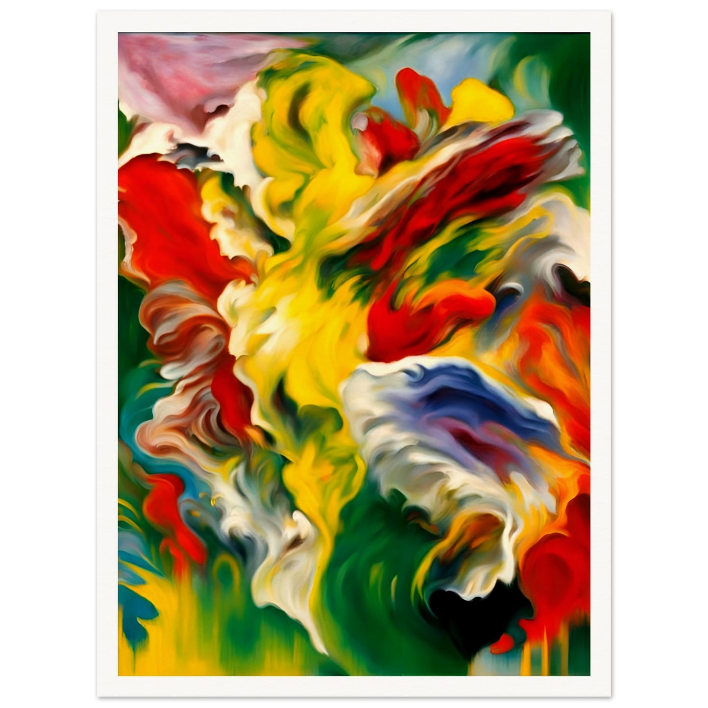 A mesmerizing painting with swirling strokes of red, yellow, green, and blue, evoking the energy of nature’s raw and vibrant essence.