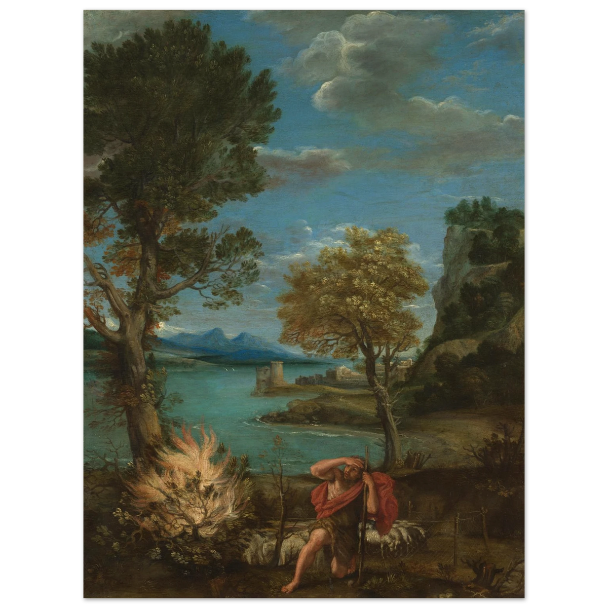 Moses kneels near the burning bush in a classical landscape with trees, sheep, lake, and distant mountains.