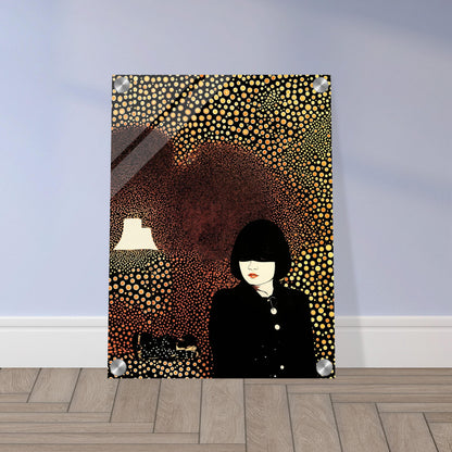 Artistic portrait of a woman in a black outfit surrounded by a background of golden circular patterns with a glowing lamp.