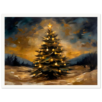 A glowing Christmas tree adorned with golden ornaments and a star topper, set against a dramatic evening sky and a snowy landscape.

