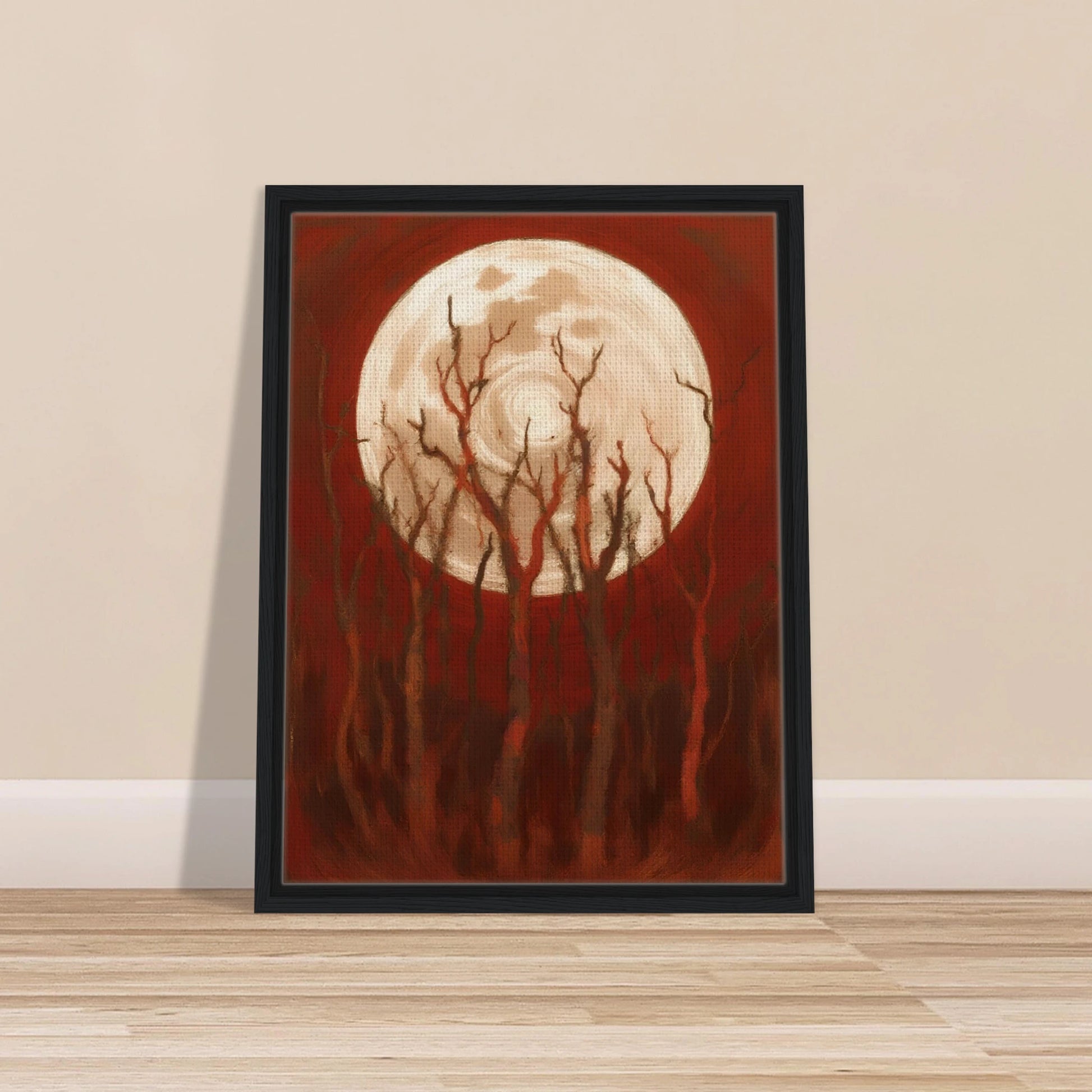 A glowing full moon rises behind twisted, leafless trees against a deep crimson sky, casting an eerie yet powerful atmosphere.