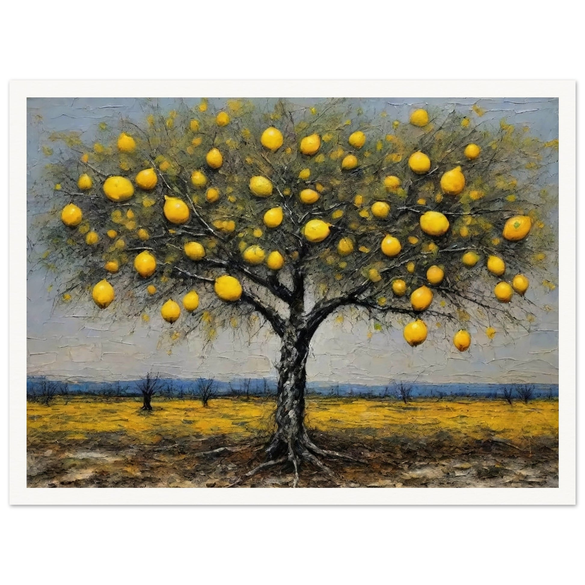 Vivid painting of a lemon tree filled with golden yellow fruits, standing in a sunlit yellow field with a serene blue horizon.