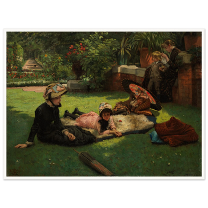 Children and women lounge in a garden with a colorful parasol under bright sunlight