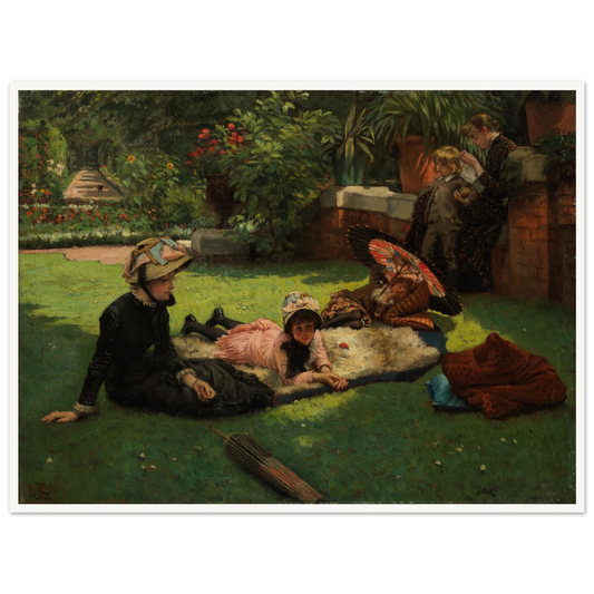 Children and women lounge in a garden with a colorful parasol under bright sunlight