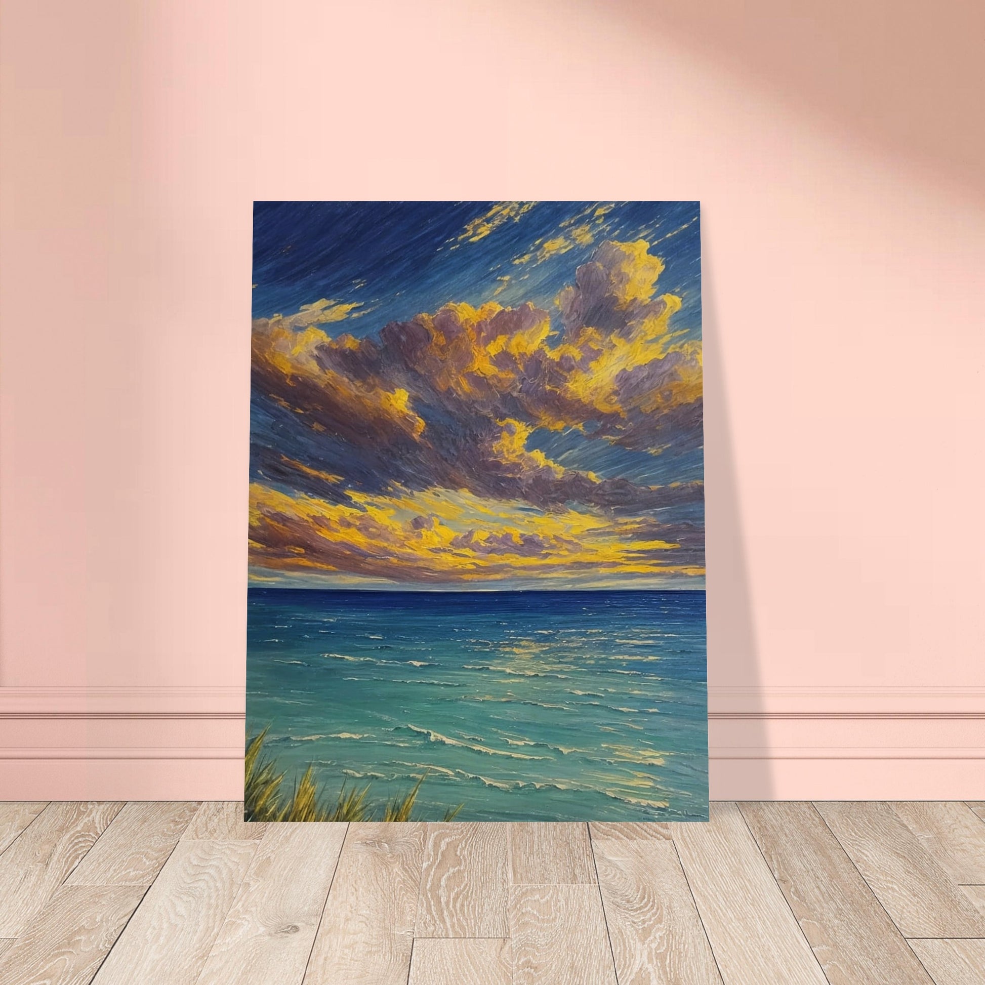 A vibrant painting of a serene ocean at sunset with dramatic clouds and golden light reflecting on the water.