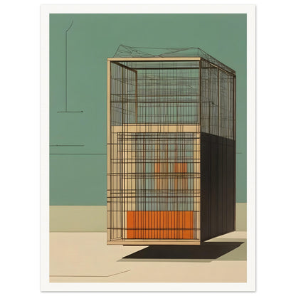 A minimalist artwork showcasing a geometric architectural structure with clean lines, open framework, and neutral tones against a green backdrop