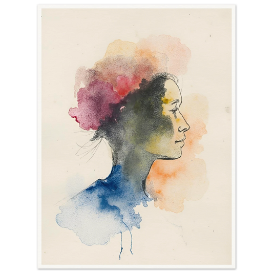 Side profile of a woman formed by delicate watercolor clouds in blue, pink, and orange, merging softly on cream paper.