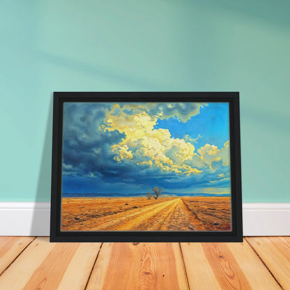 A golden dirt road stretches through an open desert under swirling clouds of blue and gold, evoking strength and solitude.