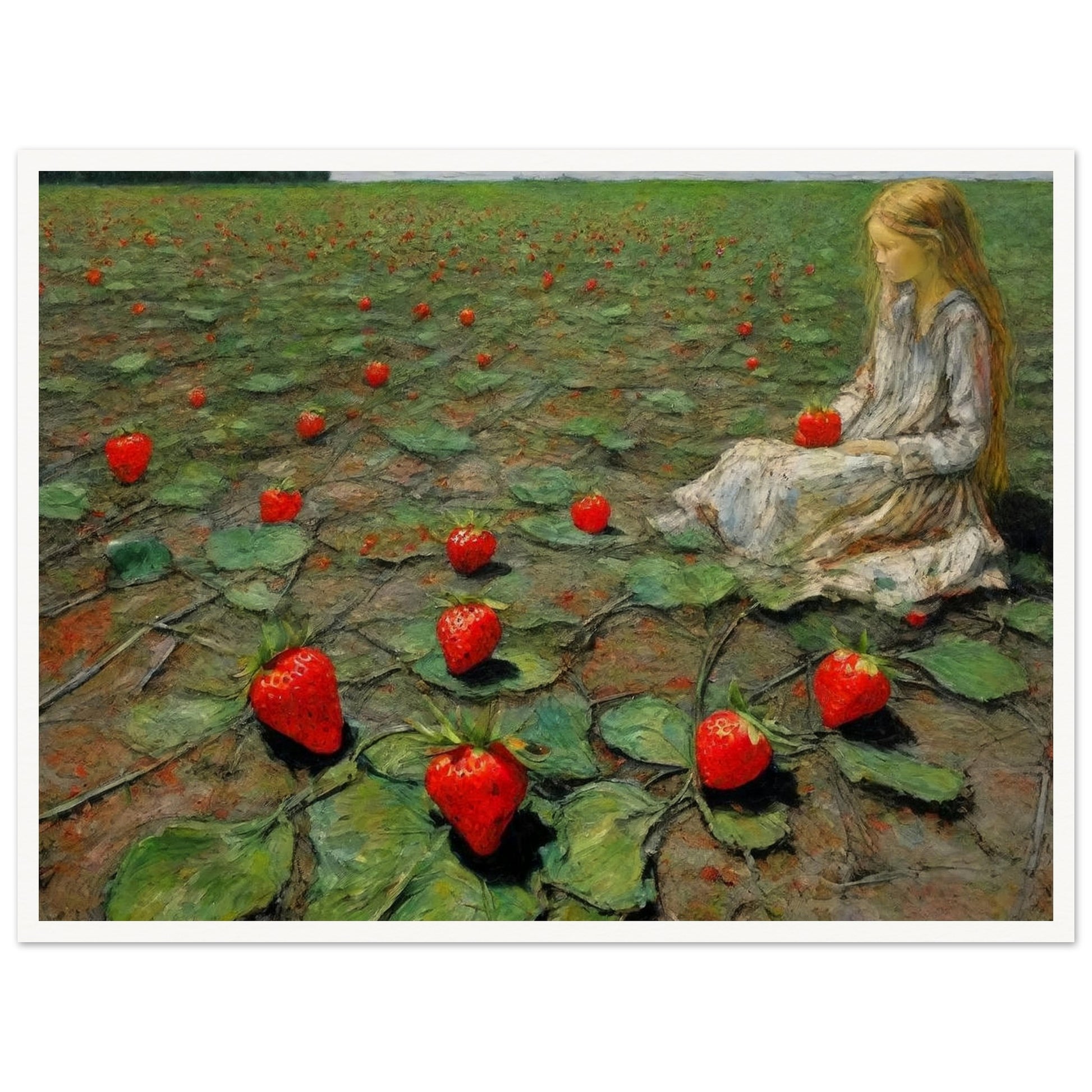 A painting of a young girl sitting in a field of large strawberries, creating a whimsical and surreal scene.