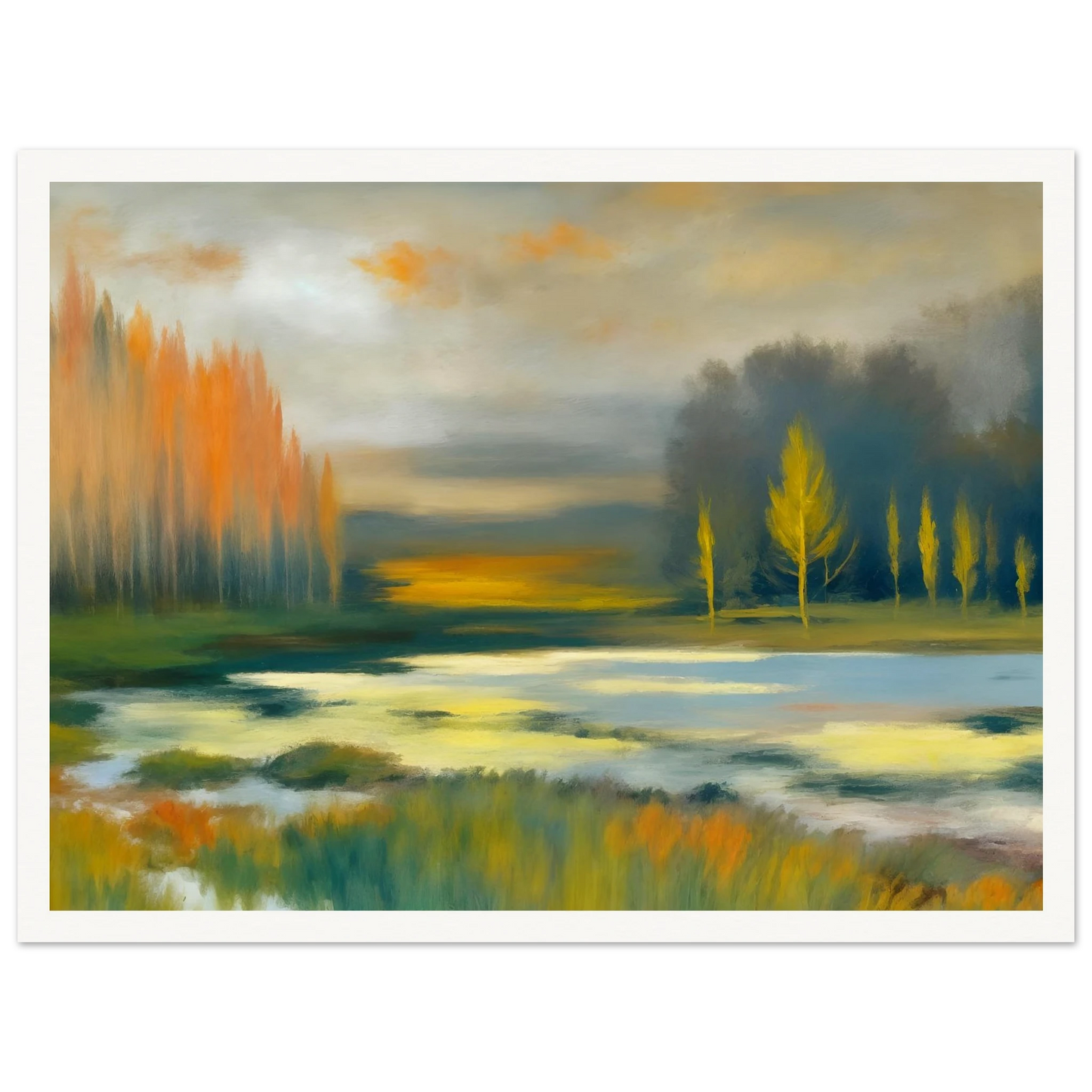 Soft impressionist wetland landscape with glowing golden trees, misty waters, and tranquil reflections beneath a muted autumn sky.