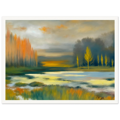 Soft impressionist wetland landscape with glowing golden trees, misty waters, and tranquil reflections beneath a muted autumn sky.
