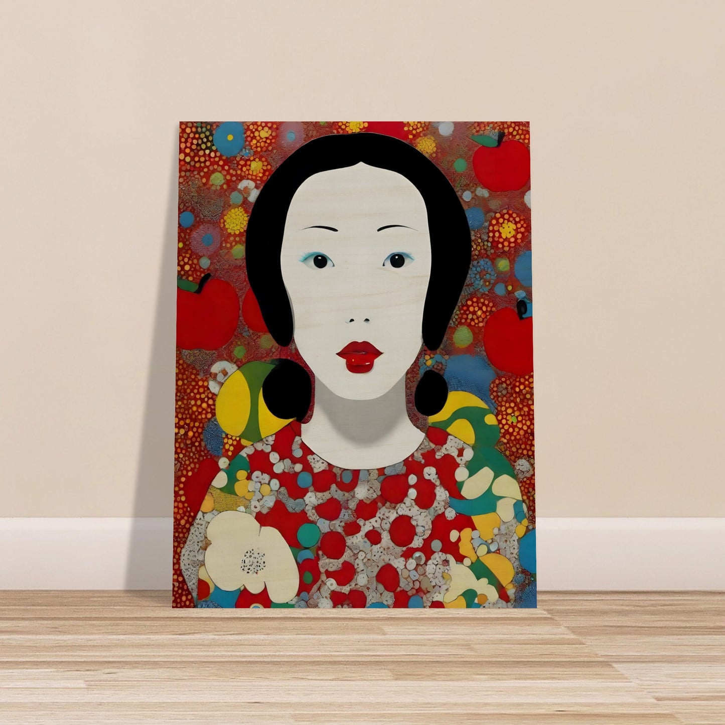 A stunning portrait of a woman with striking red lips and black hair, surrounded by vibrant abstract patterns of red, yellow, and blue.